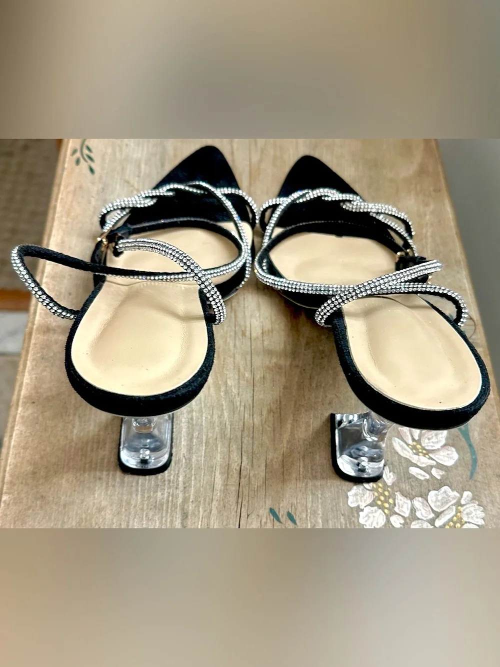 Black Crystal-Embellished Slingback Heels